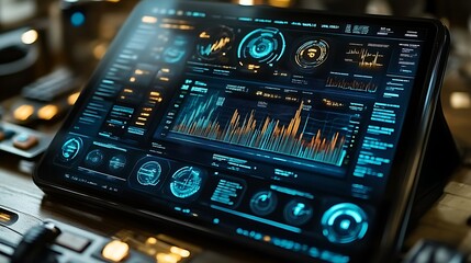 Futuristic Tablet Displaying Data Graphs and Charts