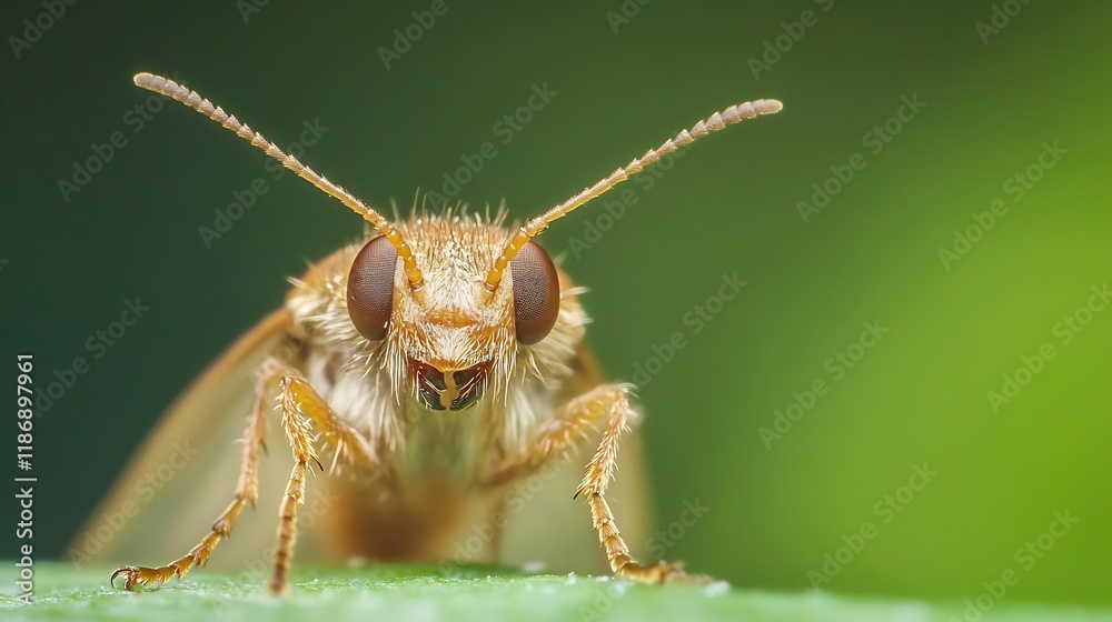 Poster close up of a curious staring insect on green background macro photography focused on details : gene