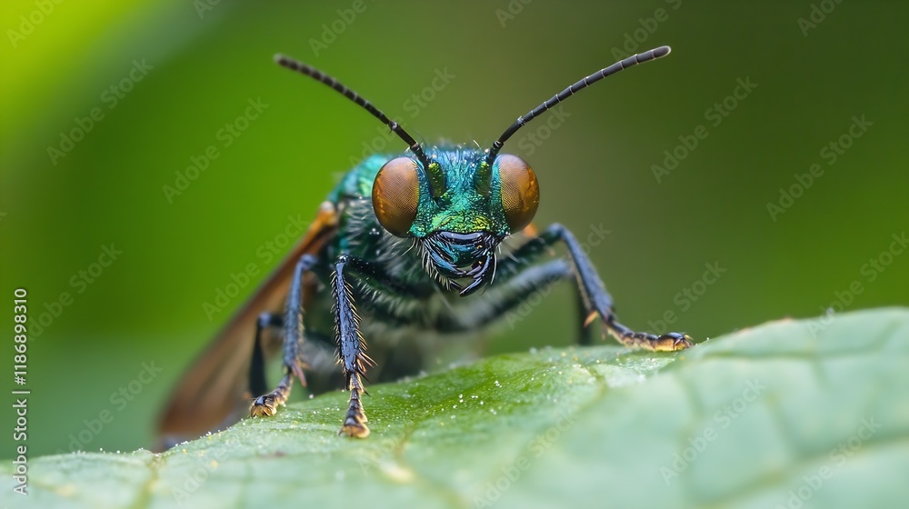 Poster macro shot of a metallic green wasp on a leaf with vibrant antennae : generative ai