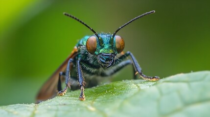 Naklejka premium Macro Shot of a Metallic Green Wasp on a Leaf with Vibrant Antennae : Generative AI
