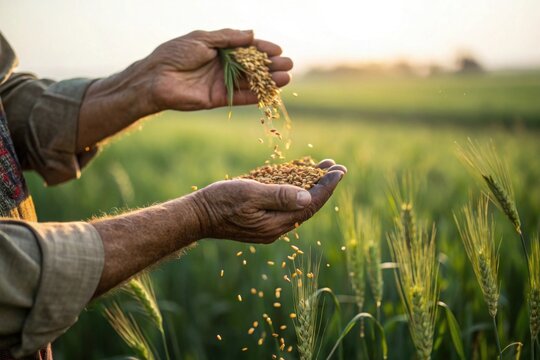 A farmer's hands pouring wheat grains in a golden field, symbolizing harvest and agriculture.