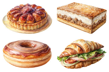 Delicious pastries, colorful desserts, watercolor illustrations, sweet treats, gourmet snacks, bakery items, food art.