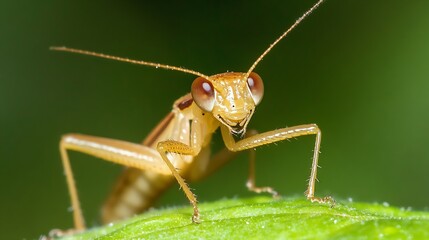 Macro shot of a mantis with distinctive features set against a vibrant green background : Generative AI