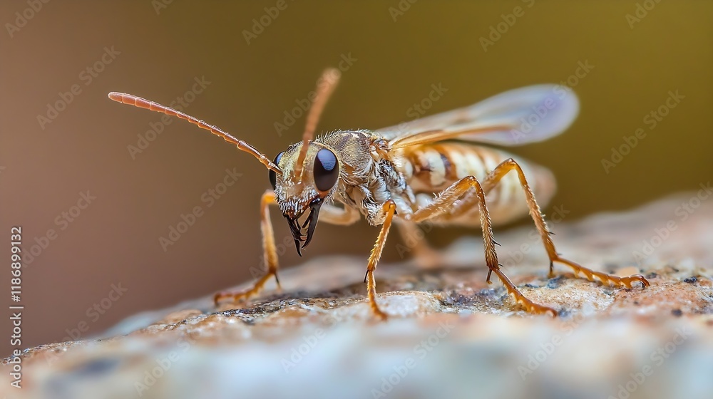 Poster Detailed Macro Shot of Wasp on Stone Background in Natural Lighting : Generative AI