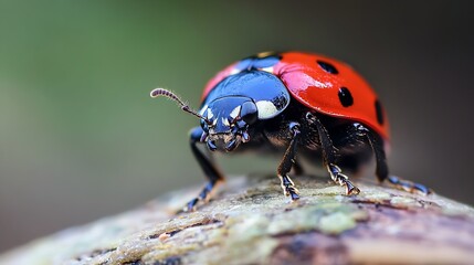 Macro of vibrant red ladybug with black spots on textured wood surface showcasing natural beauty : Generative AI