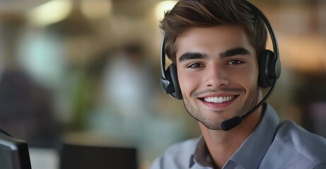 Smiling young man wearing a headset in a modern office environment, engaging with customers during a support call