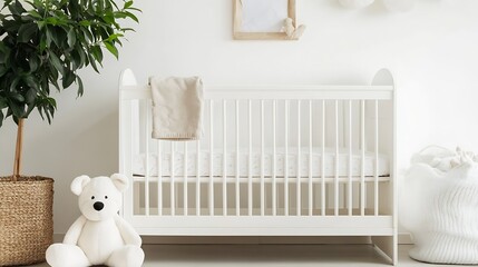 Cozy Modern Nursery with White Crib and Teddy Bear Decor : Generative AI