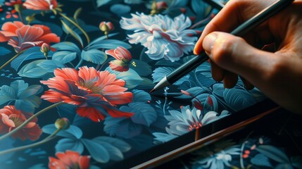 A detailed image of an artista??s hand creating digital art of a floral design, visible on a tablet screen, on a white background.