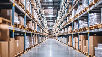 Fototapeta premium Warehouse Aisle with Cardboard Boxes on Metal Shelves