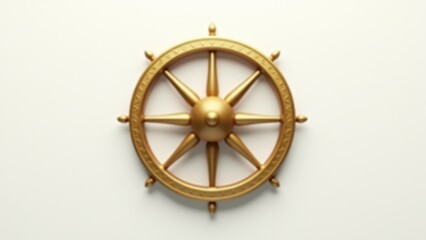 golden Dharma wheel isolated on a white background, sleek and minimalist