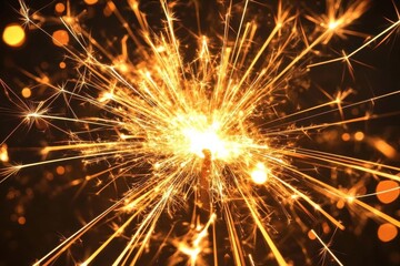 Celebration sparkler illuminating the night with vibrant golden sparks in a festive environment
