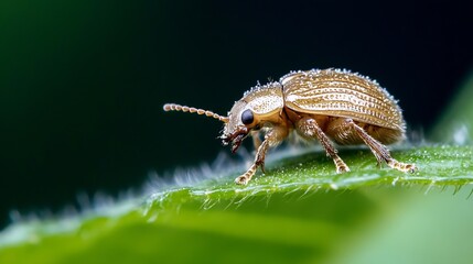 Naklejka premium Macro Image of Small Brown Beetle Sitting on Leaf with Tiny Hairs and Glossy Shell : Generative AI