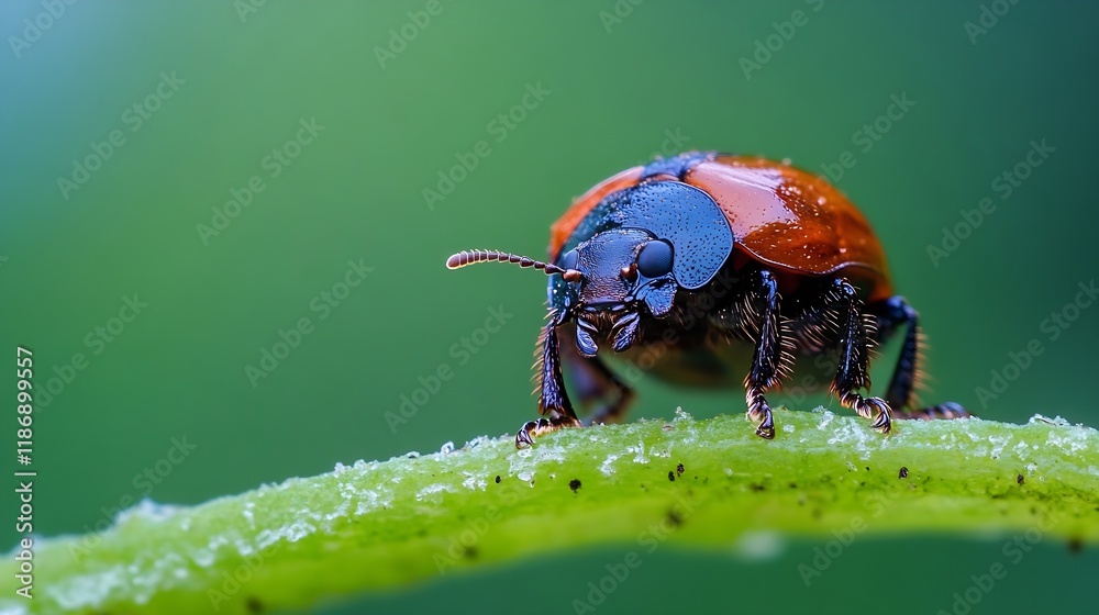 Poster Macro Photograph of a Red Beetle with Dew on a Leaf in Lush Green Background : Generative AI