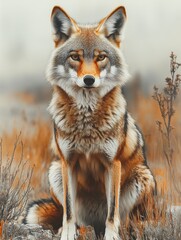 Obraz premium Coyote sitting gracefully in a dry grassland during a misty morning, showcasing its striking features and vibrant fur colors