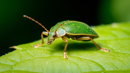 Fototapeta premium CloseUp of Vibrant Green Leaf Beetle on Fresh Leaf Surface : Generative AI