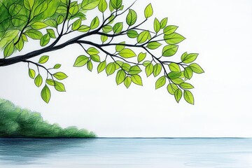 Obraz premium A serene landscape featuring a leafy branch over a calm lake, showcasing nature's tranquility and beauty in soft colors.