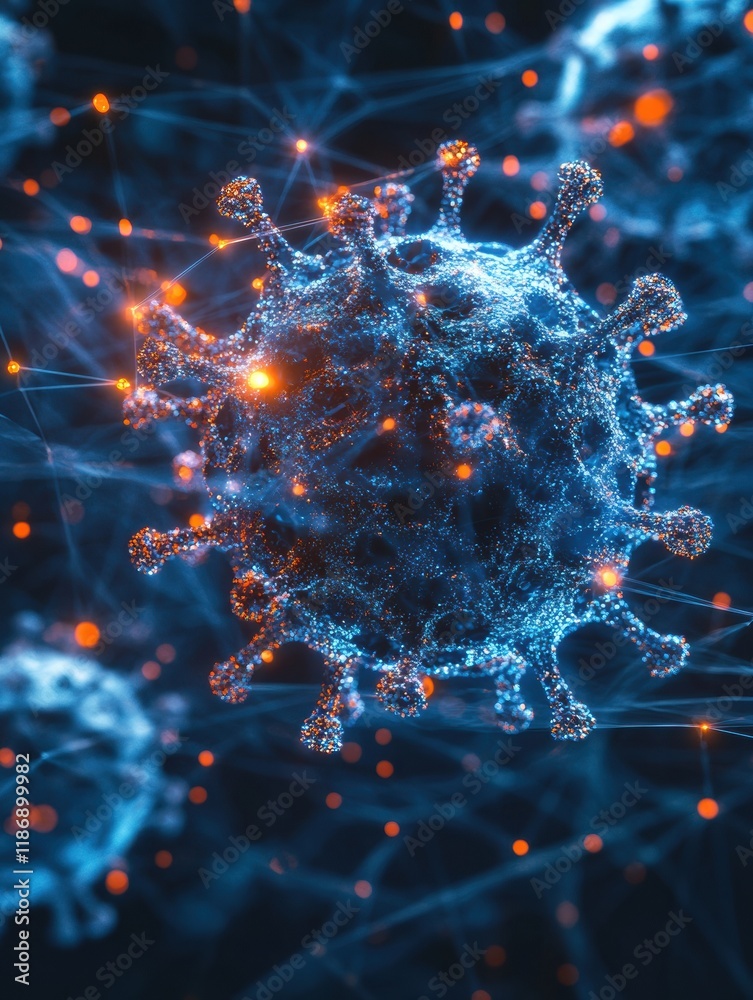 Poster Detailed 3D visualization of a virus structure with spikes and glowing molecular features at a microscopic level. Generative AI