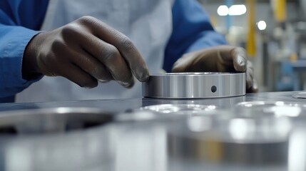 Close up of factory worker's hands in protective gloves carefully examining a metal detail on a workbench, ensuring quality control during the manufacturing process