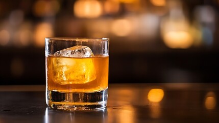 Elegant Whiskey Glass with Ice on a Polished Bar Counter in a Cozy Evening Ambience : Generative AI