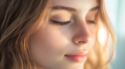 Peaceful Young Woman Meditating with Closed Eyes in Soft Sunlight : Generative AI