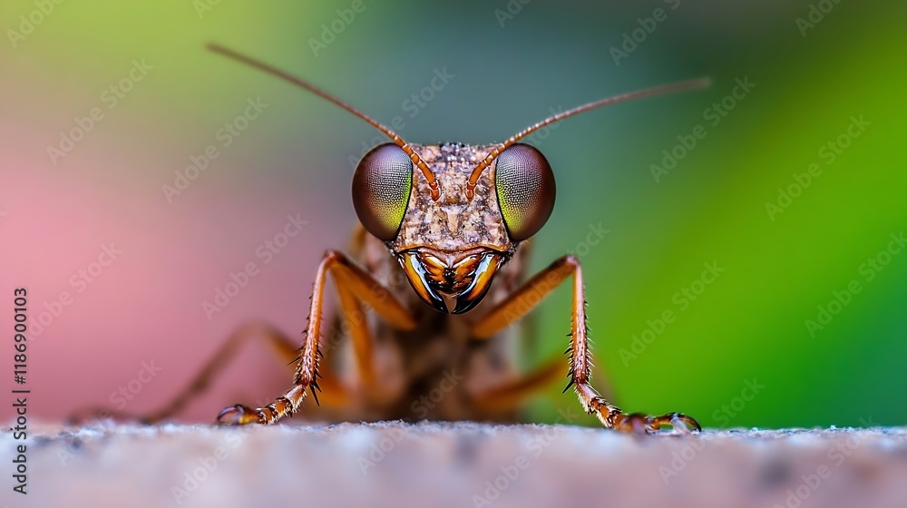 Aufkleber Close Up Macro Shot of Praying Mantis on Leaf with Colorful Background : Generative AI