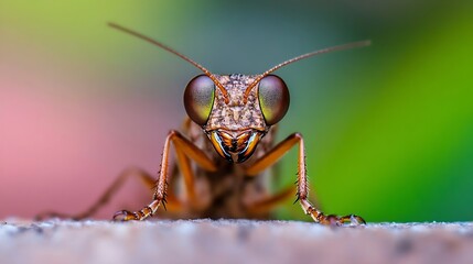 Fototapeta premium Close Up Macro Shot of Praying Mantis on Leaf with Colorful Background : Generative AI