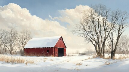 A serene winter landscape featuring a red barn amidst snow-covered ground and bare trees, under a soft blue sky with fluffy clouds.