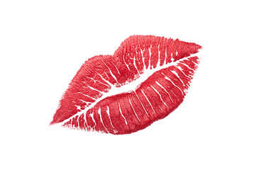 A vibrant red lipstick mark against a black background. The print is detailed, showing unique texture and lip lines, symbolizing boldness and passion, isolated on a transparent background