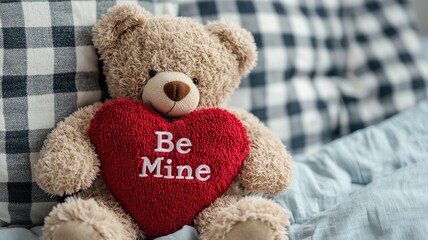 Valentine bear with romance and joy idea. Teddy bear with a heart saying "Be Mine" on a cozy background.