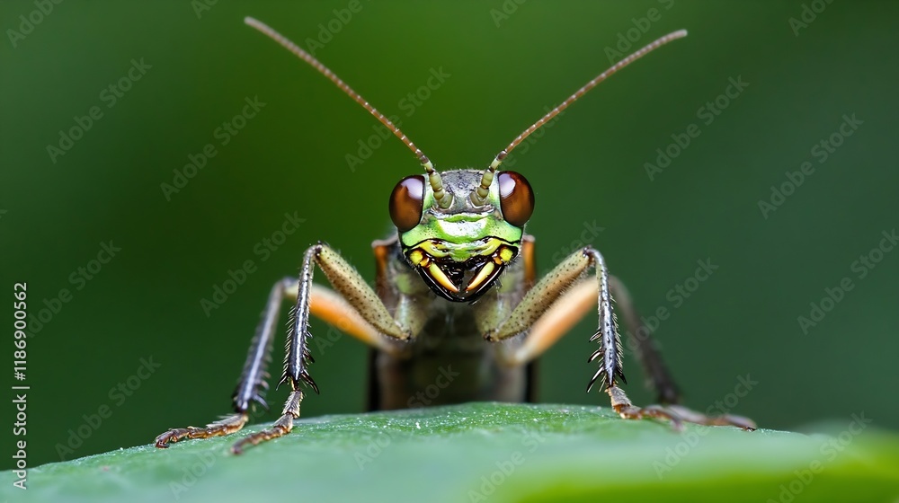 Poster closeup of a large green grasshopper on a leaf in natural habitat : generative ai
