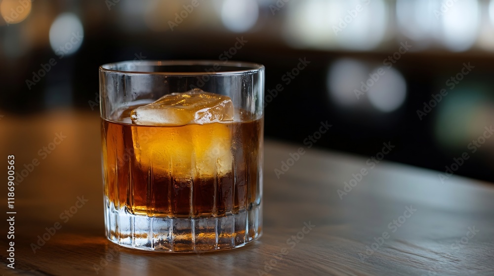 Poster glass of whiskey with ice on wooden bar counter in low light ambience : generative ai