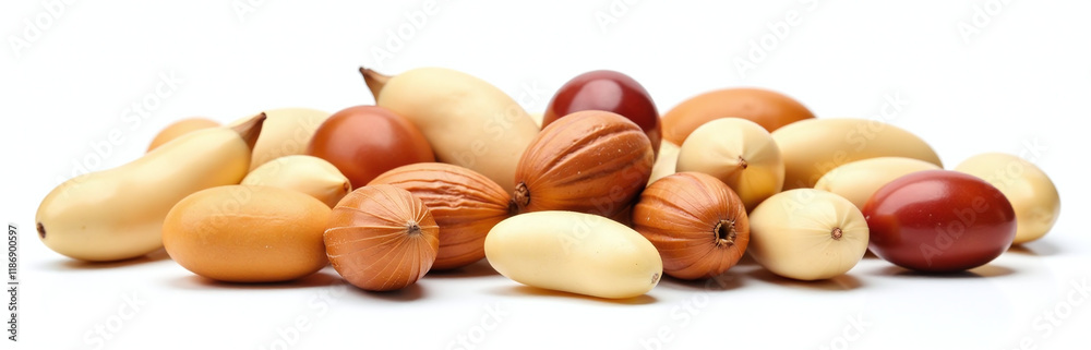 Poster A Selection Of Various Mixed Nuts Isolated Against A Plain White Background To Showcase Their Texture And Composition Clearly. 00001