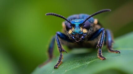 Naklejka premium Vibrant Metallic Blue Beetle on Leaf Closeup Showing Detailed Texture : Generative AI