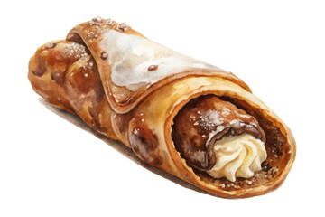 Delicious pastry roll, creamy filling, sweet dessert, watercolor illustration, food art, culinary delight.