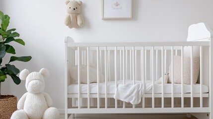 Minimalist Nursery with White Crib and Plush Teddy Bear Decor in Bright Room : Generative AI