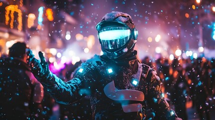 Futuristic performer in snow-covered winter festival