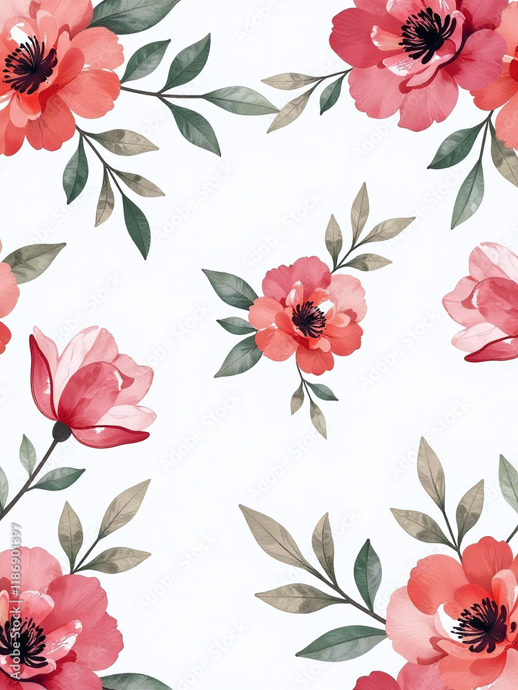 Poster a seamless watercolor floral pattern isolated against a crisp white background, perfect for use in v