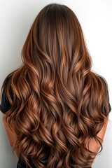 Naklejka premium Beautiful long wavy hair showcasing rich brown and caramel highlights against a neutral background
