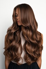 Obraz premium Gorgeous woman with long, flowing brown hair styled in luxurious waves against a simple background