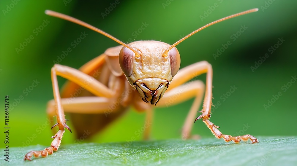Poster macro photography of a vibrant grasshopper on an emerald green leaf in nature : generative ai