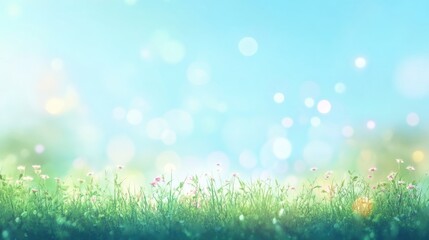 Obraz premium Beautiful sunny spring meadow with green grass and blue sky. Abstract background with light bokeh and space for text