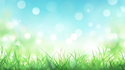 Obraz premium Beautiful sunny spring meadow with green grass and blue sky. Abstract background with light bokeh and space for text