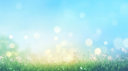Obraz premium Beautiful sunny spring meadow with green grass and blue sky. Abstract background with light bokeh and space for text