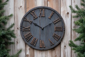 Rustic wall clock with Roman numerals displayed on a wooden background surrounded by greenery
