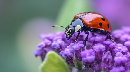 Fototapeta premium Ladybug Perched Elegantly on Vibrant Purple Flowers in Full Bloom Photography : Generative AI