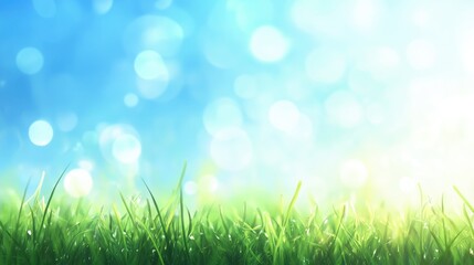 Obraz premium Beautiful sunny spring meadow with green grass and blue sky. Abstract background with light bokeh and space for text