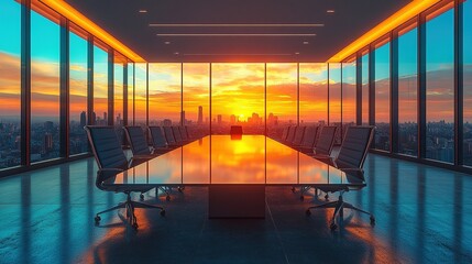 Fototapeta premium A modern conference room with a glass table and chairs, overlooking a vibrant sunset city skyline.