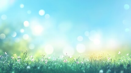 Beautiful sunny spring meadow with green grass and blue sky. Abstract background with light bokeh and space for text