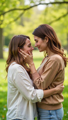 Fototapeta premium Consoling friend crying Two women embracing affectionately in a park