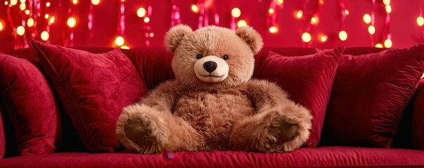 Valentine bear with romance and joy idea. Cozy teddy bear on a red couch with warm lights.